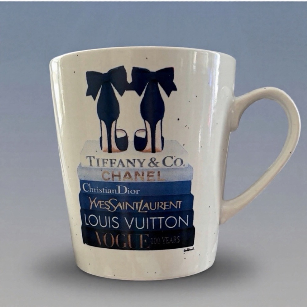 Chic Amanda Greenwood White Mug with Fashion Book Stack Design